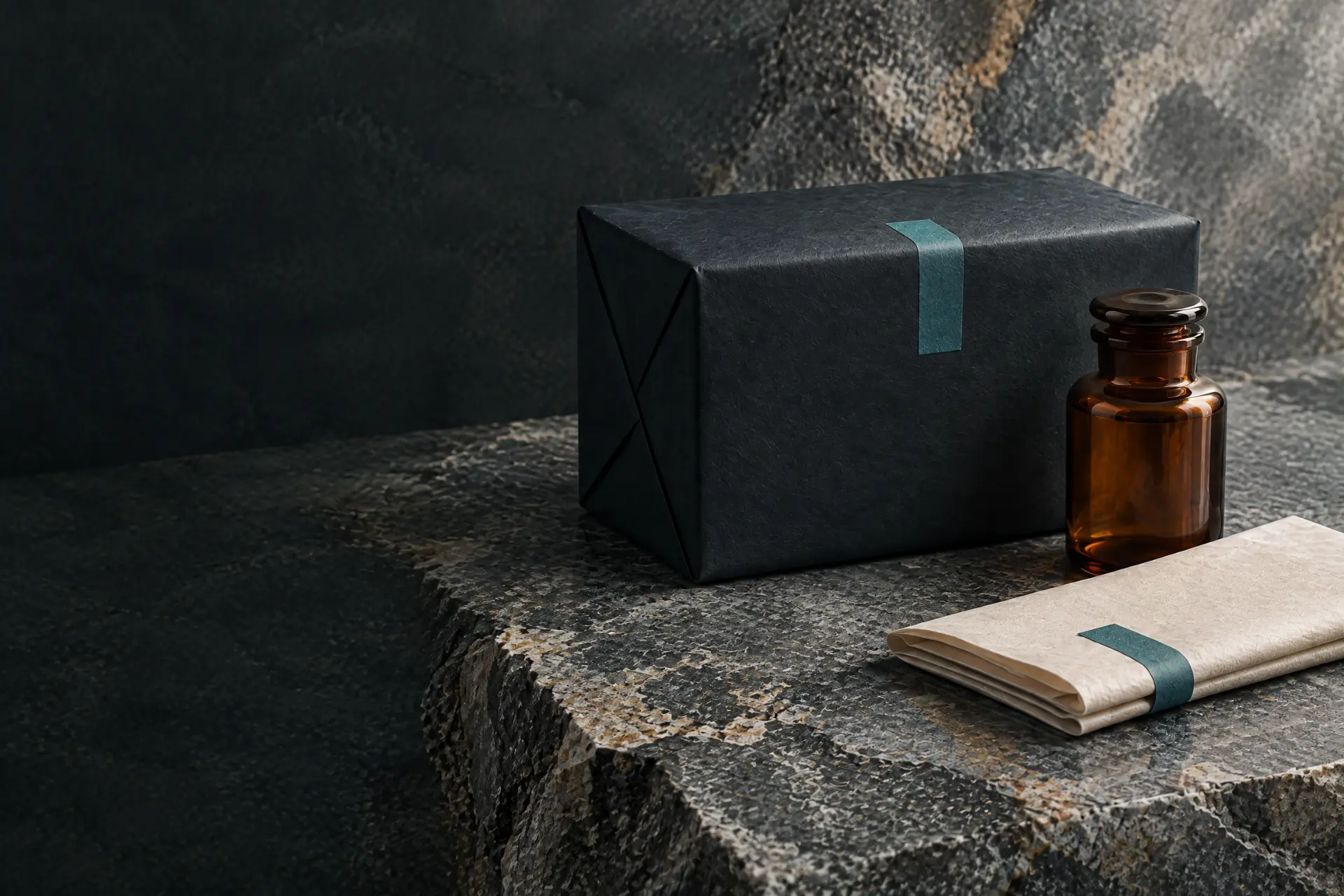 Ink-wrapped parcel, amber glass bottle and folded paper on dark stone